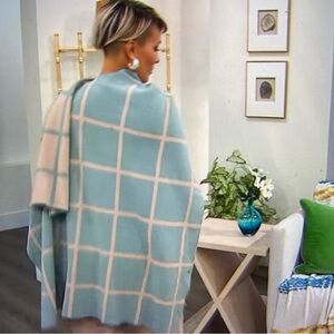 MarlaWynne Reversible Jacquard Knit Ruana Poncho Wrap Blue Taupe One Size